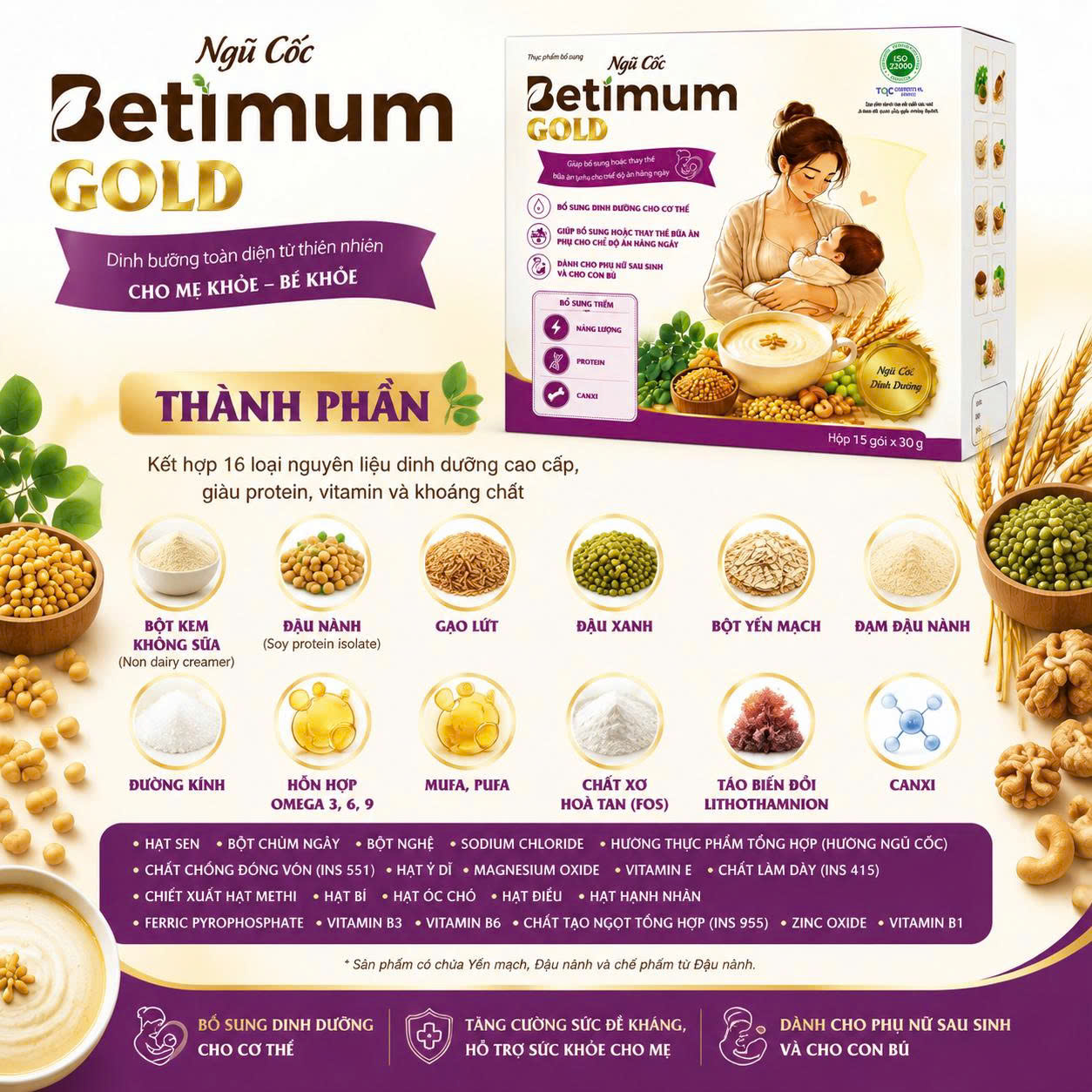 Ngũ Cốc Betimum Gold – Thực Phẩm Bổ Sung Dinh Dưỡng Cho Mẹ Sau Sinh Và Cho Con Bú ,Hộp 15 Gói x 30g