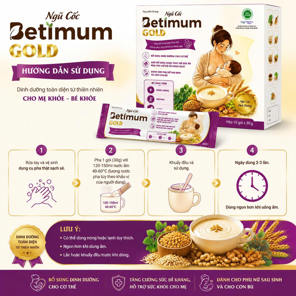 Ngũ Cốc Betimum Gold – Thực Phẩm Bổ Sung Dinh Dưỡng Cho Mẹ Sau Sinh Và Cho Con Bú ,Hộp 15 Gói x 30g