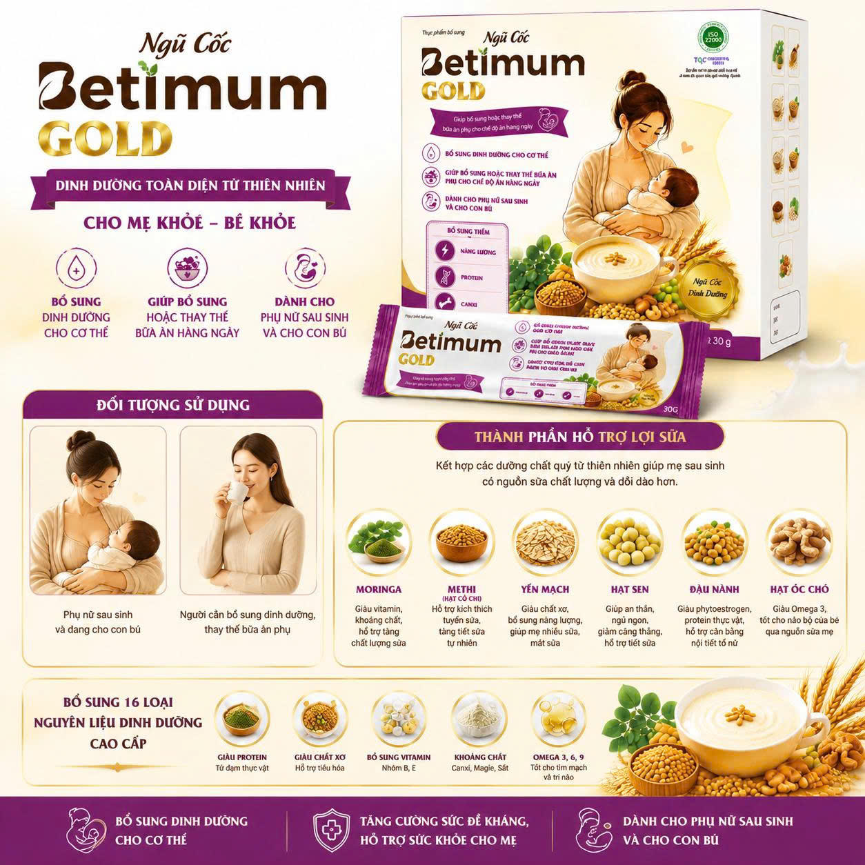 Ngũ Cốc Betimum Gold – Thực Phẩm Bổ Sung Dinh Dưỡng Cho Mẹ Sau Sinh Và Cho Con Bú ,Hộp 15 Gói x 30g