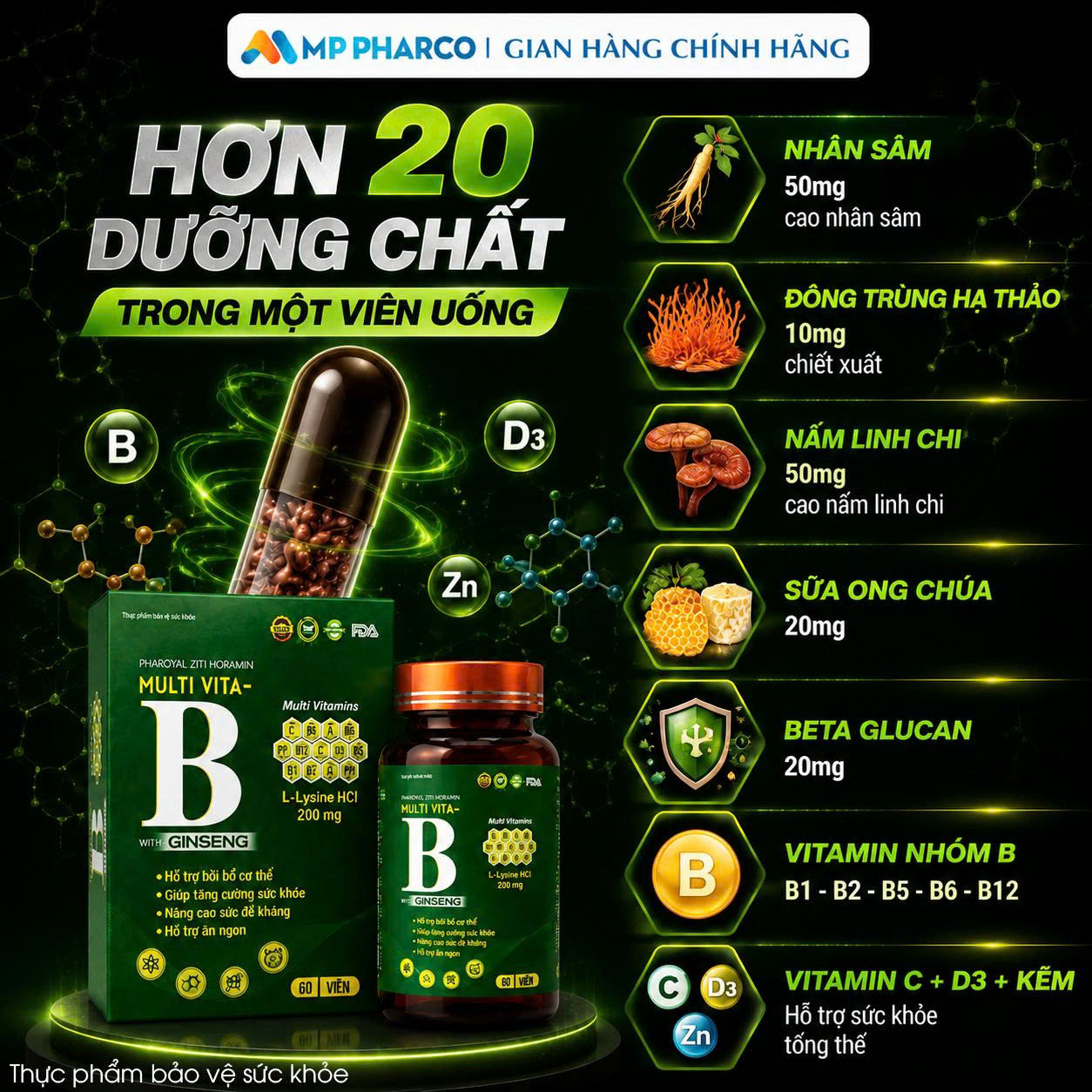 Bộ Đôi TPBS Kẽm MP & TPBVSK Multi Vita-B With Ginseng – Zinc 150mg & Vitamin Tổng Hợp ,Hộp 60 viên MP27a